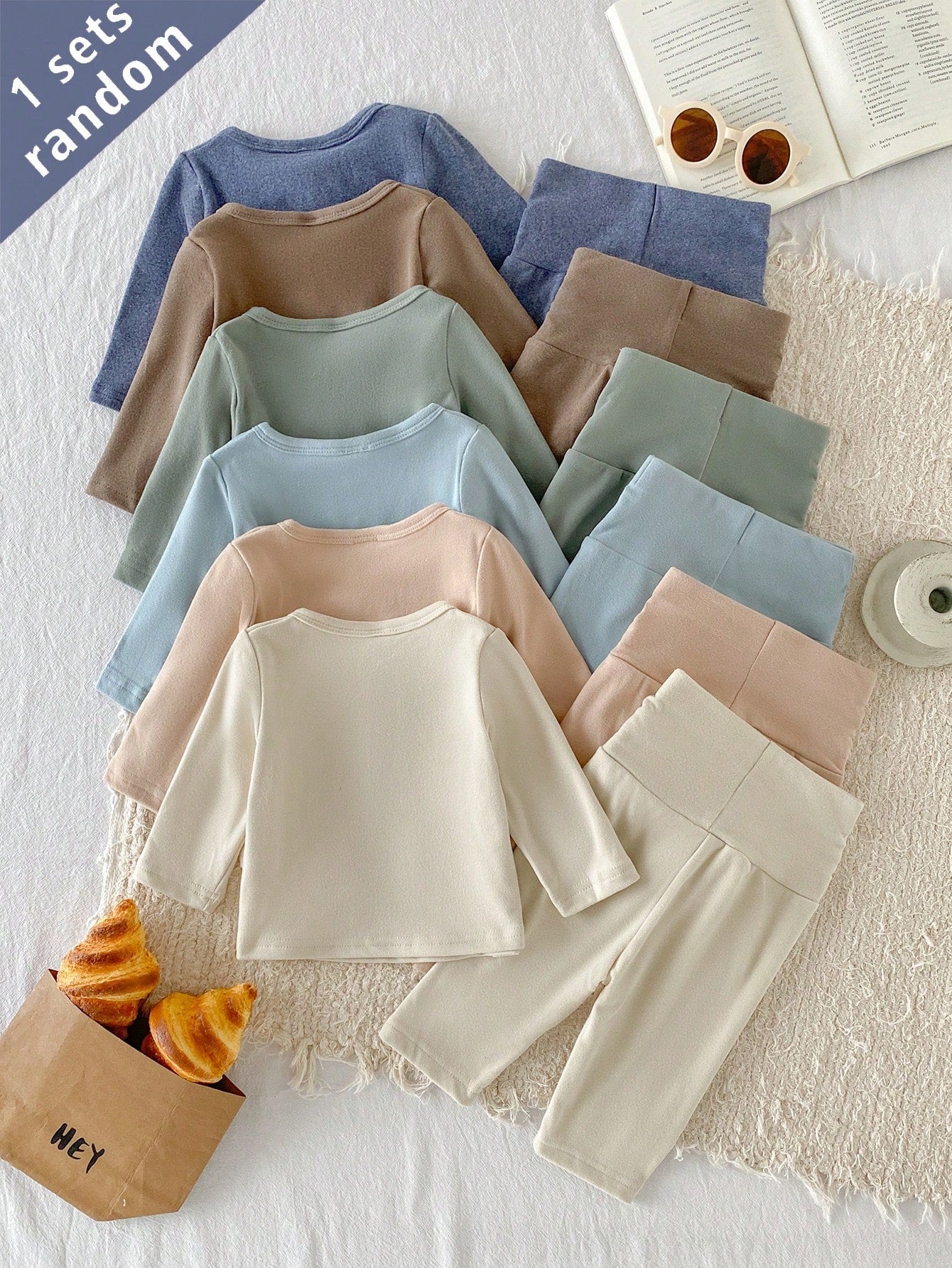 Playful Pals 6 Sets Randomly Sent 1 Set Newborn Home Wear Apricot Blue Brown Green Multicolor Soft Comfortable Baby Boy Long Sleeve Top & High Waist Pants Combination Pack