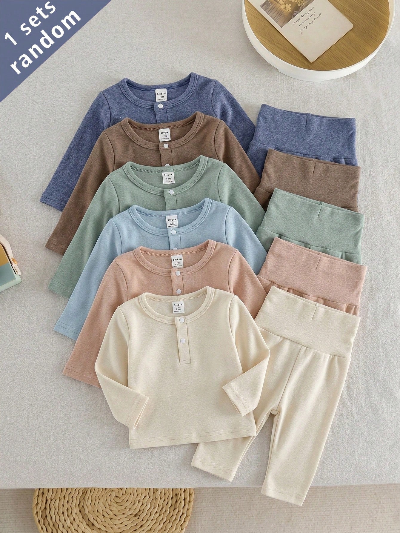 Playful Pals 6 Sets Randomly Sent 1 Set Newborn Home Wear Apricot Blue Brown Green Multicolor Soft Comfortable Baby Boy Long Sleeve Top & High Waist Pants Combination Pack