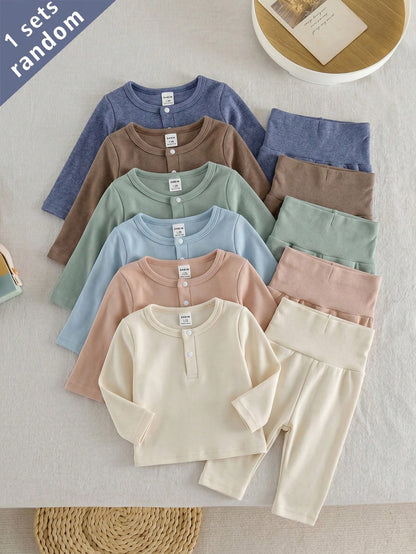 Playful Pals 6 Sets Randomly Sent 1 Set Newborn Home Wear Apricot Blue Brown Green Multicolor Soft Comfortable Baby Boy Long Sleeve Top & High Waist Pants Combination Pack