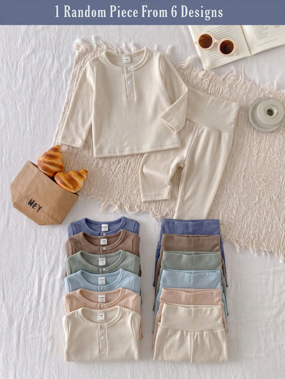 Playful Pals 6 Sets Randomly Sent 1 Set Newborn Home Wear Apricot Blue Brown Green Multicolor Soft Comfortable Baby Boy Long Sleeve Top & High Waist Pants Combination Pack