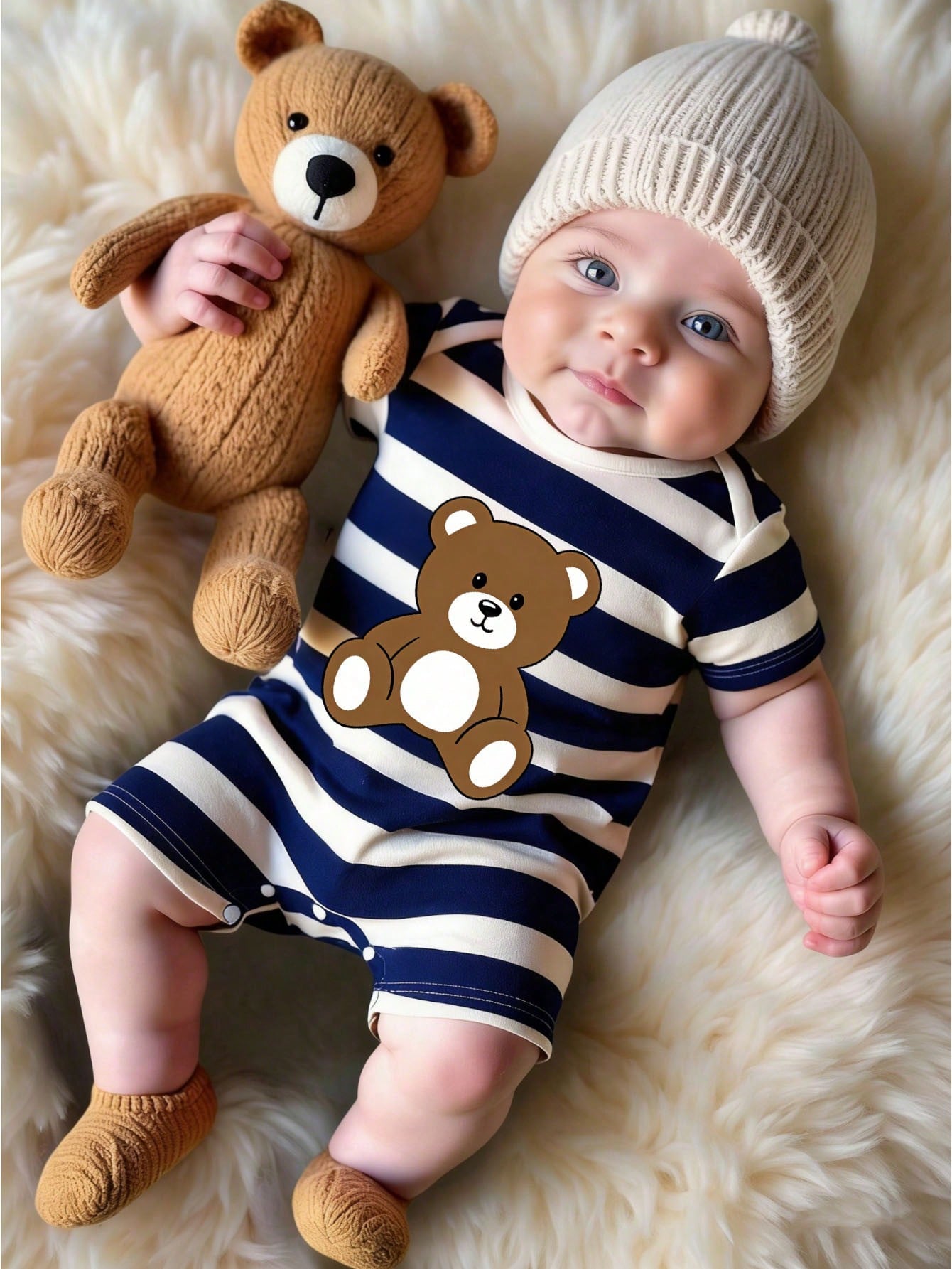 Playful Pals Baby Boy Striped Bear Print Short Sleeve Romper, Casual Outfit Suitable For Spring/Summer Holidays