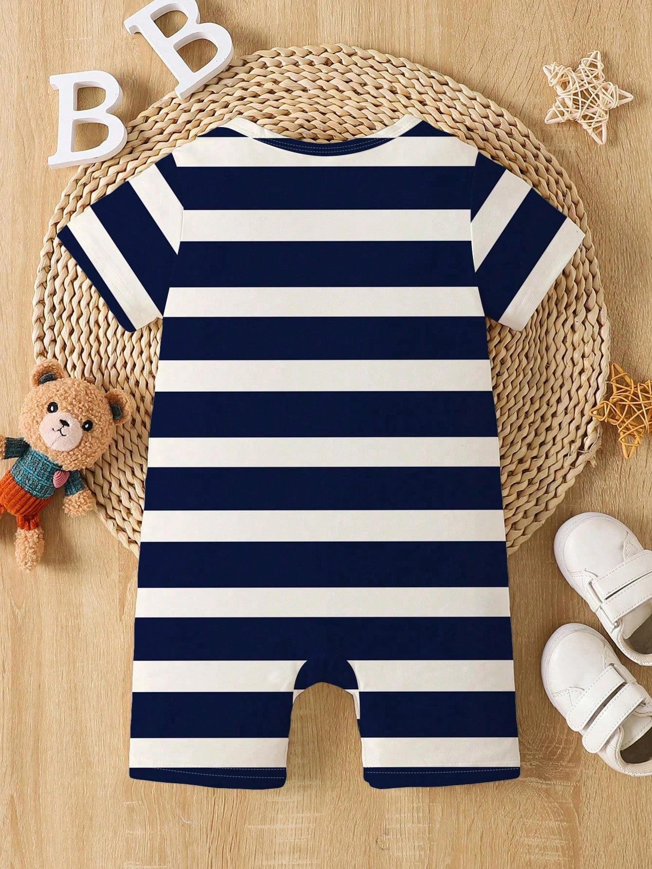 Playful Pals Baby Boy Striped Bear Print Short Sleeve Romper, Casual Outfit Suitable For Spring/Summer Holidays