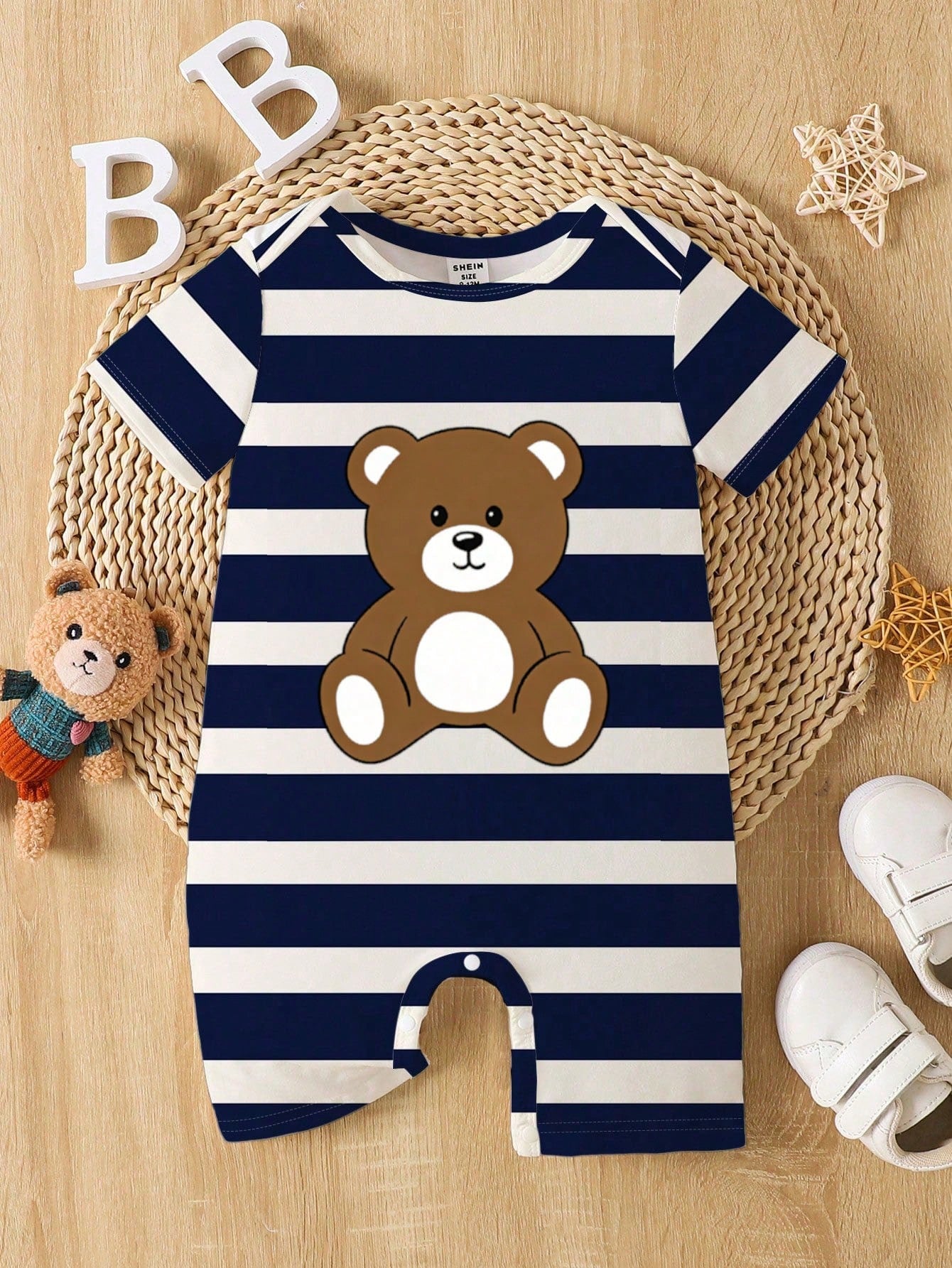 Playful Pals Baby Boy Striped Bear Print Short Sleeve Romper, Casual Outfit Suitable For Spring/Summer Holidays