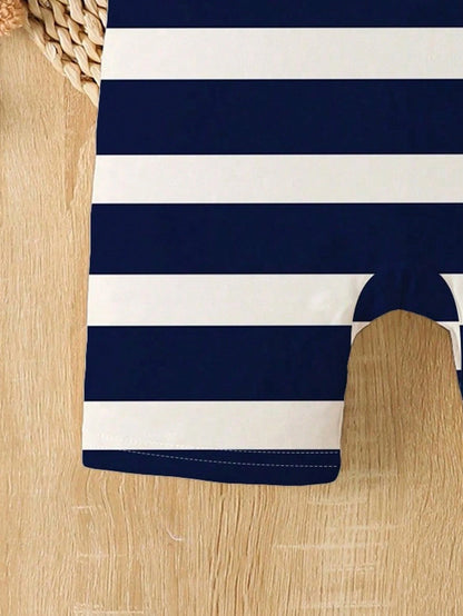 Playful Pals Baby Boy Striped Bear Print Short Sleeve Romper, Casual Outfit Suitable For Spring/Summer Holidays
