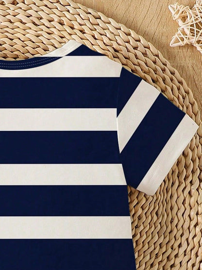 Playful Pals Baby Boy Striped Bear Print Short Sleeve Romper, Casual Outfit Suitable For Spring/Summer Holidays