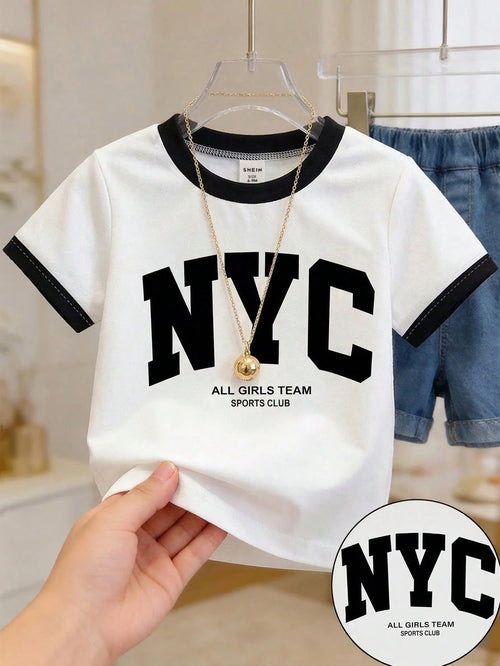 Playful Pals Baby Girls' Classic English Graphic Round Neck Short Sleeve T-Shirt  Girl Clothing  Pullover  Tops  Suitable For Spring/Summer  Fits 6M-3T