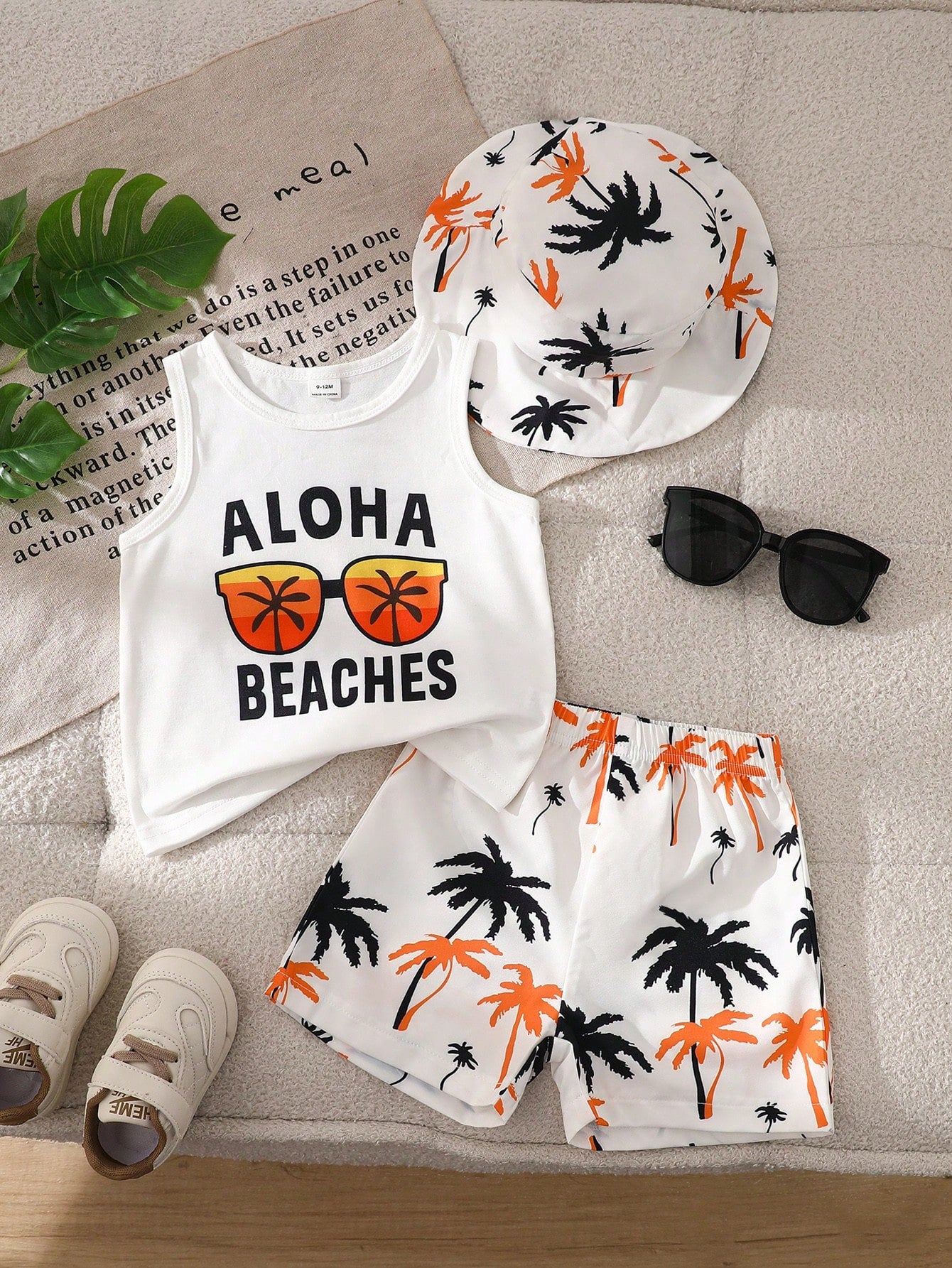 Playful Pals Cute Baby Boy 3-Piece Summer Set White Fashionable Letter Print Tank Top Palm Tree Beach Shorts & Matching Hat For Vacation Holiday Outdoor Activities
