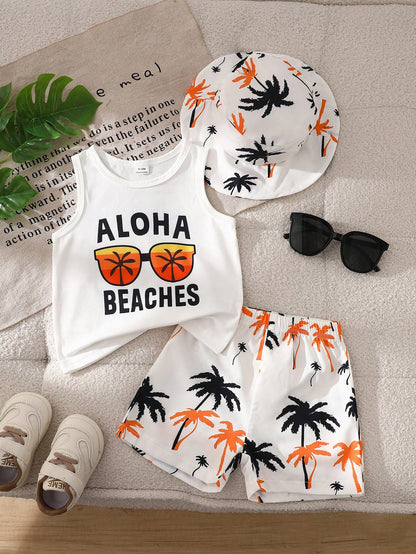 Playful Pals Cute Baby Boy 3-Piece Summer Set White Fashionable Letter Print Tank Top Palm Tree Beach Shorts & Matching Hat For Vacation Holiday Outdoor Activities