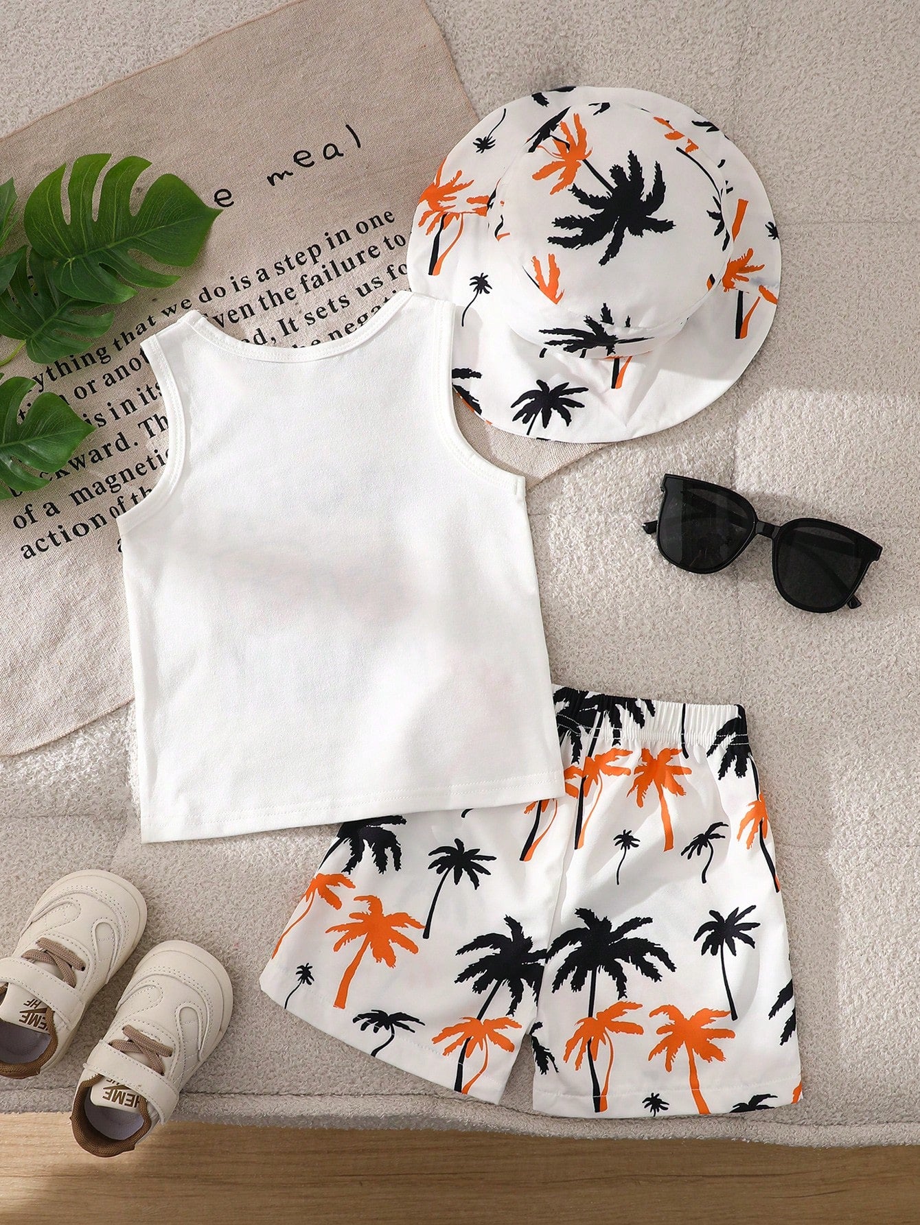 Playful Pals Cute Baby Boy 3-Piece Summer Set White Fashionable Letter Print Tank Top Palm Tree Beach Shorts & Matching Hat For Vacation Holiday Outdoor Activities