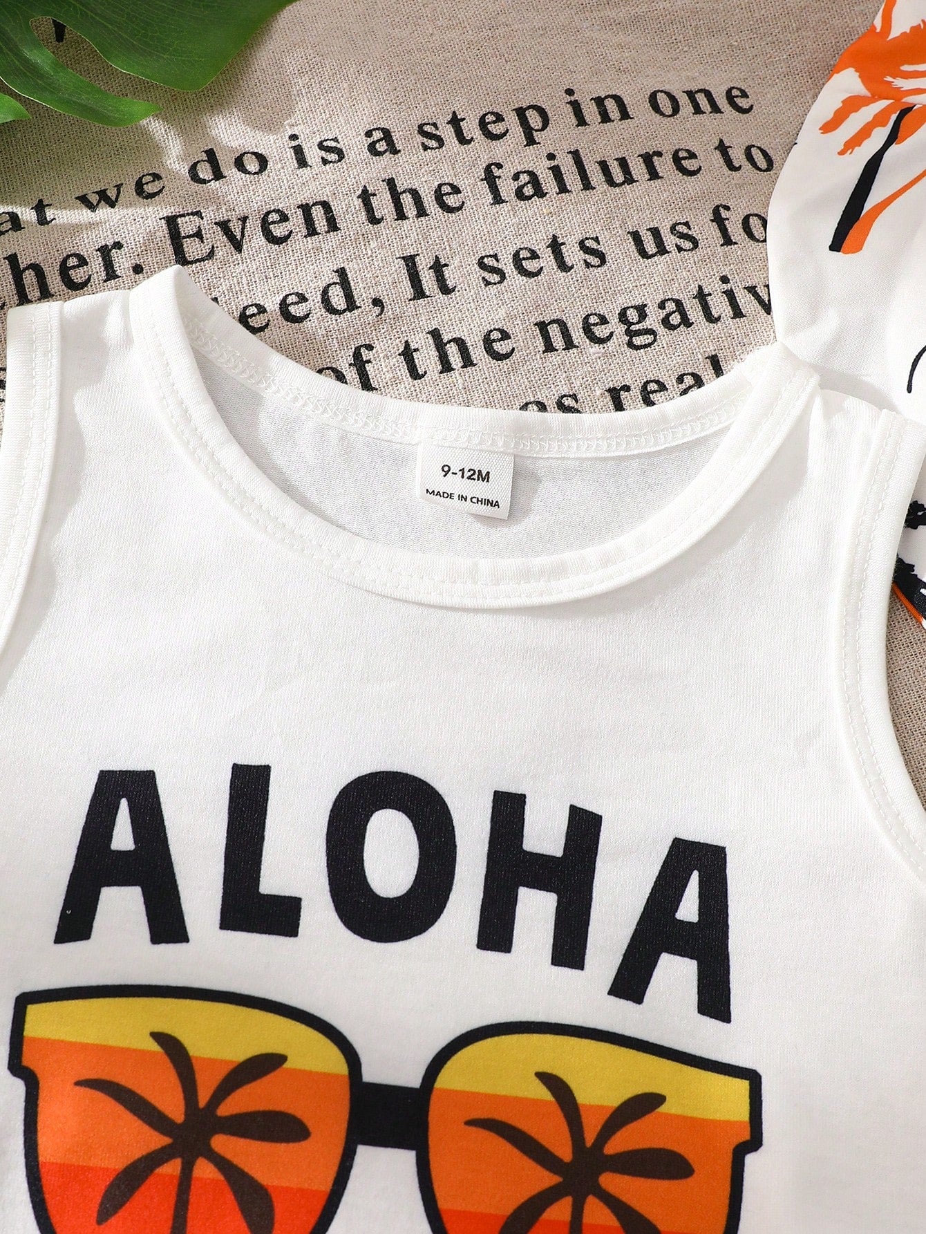 Playful Pals Cute Baby Boy 3-Piece Summer Set White Fashionable Letter Print Tank Top Palm Tree Beach Shorts & Matching Hat For Vacation Holiday Outdoor Activities