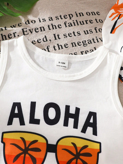 Playful Pals Cute Baby Boy 3-Piece Summer Set White Fashionable Letter Print Tank Top Palm Tree Beach Shorts & Matching Hat For Vacation Holiday Outdoor Activities
