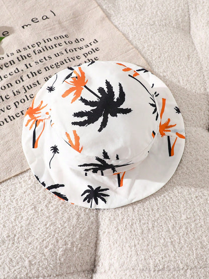 Playful Pals Cute Baby Boy 3-Piece Summer Set White Fashionable Letter Print Tank Top Palm Tree Beach Shorts & Matching Hat For Vacation Holiday Outdoor Activities