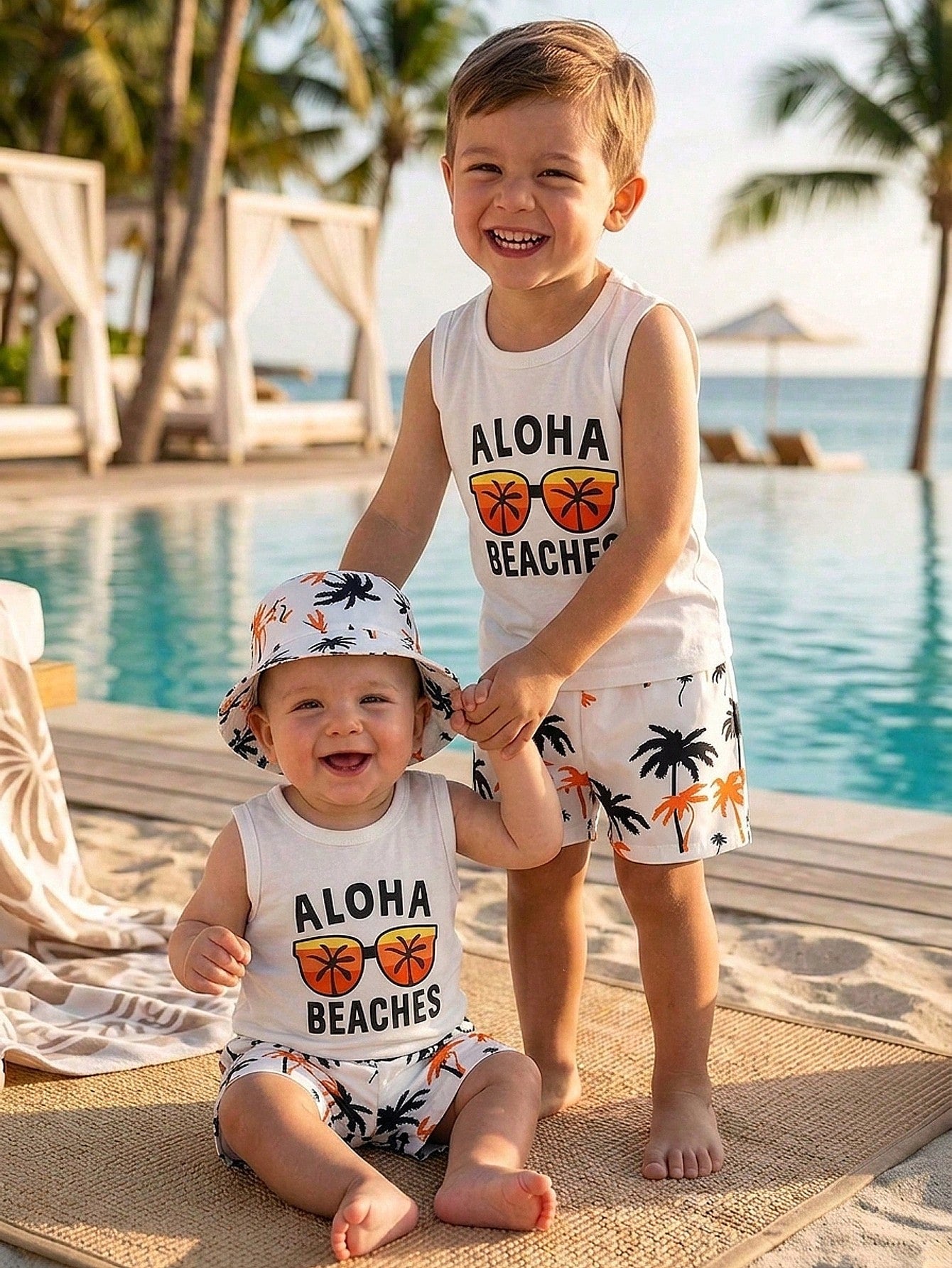 Playful Pals Cute Baby Boy 3-Piece Summer Set White Fashionable Letter Print Tank Top Palm Tree Beach Shorts & Matching Hat For Vacation Holiday Outdoor Activities