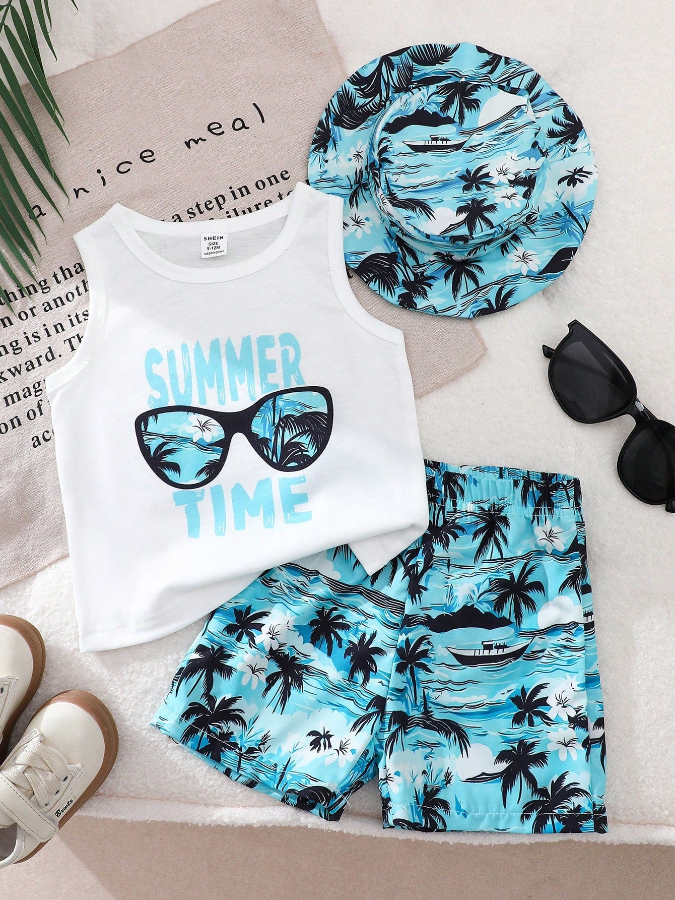 Playful Pals Cute Baby Boy 3-Piece Summer Set White Fashionable Letter Print Tank Top Palm Tree Beach Shorts & Matching Hat For Vacation Holiday Outdoor Activities