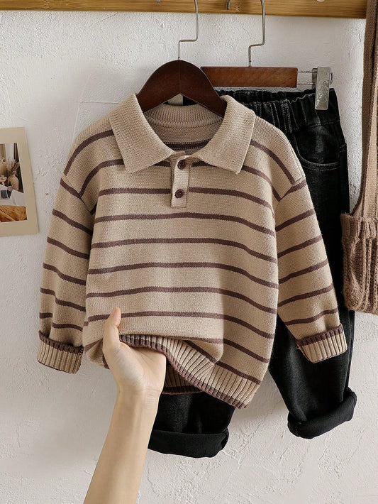 Playful Pals Young Boys Sweater With Turn-Down Collar Long Sleeve Striped Color Block Sweater Suitable For Spring Autumn Winter Autumn/Winter Seasons