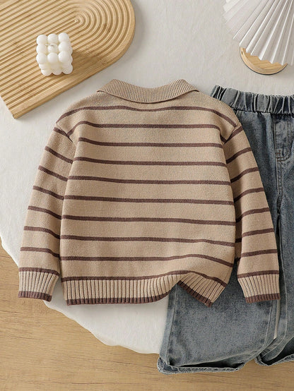 Playful Pals Young Boys Sweater With Turn-Down Collar Long Sleeve Striped Color Block Sweater Suitable For Spring Autumn Winter Autumn/Winter Seasons
