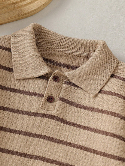 Playful Pals Young Boys Sweater With Turn-Down Collar Long Sleeve Striped Color Block Sweater Suitable For Spring Autumn Winter Autumn/Winter Seasons