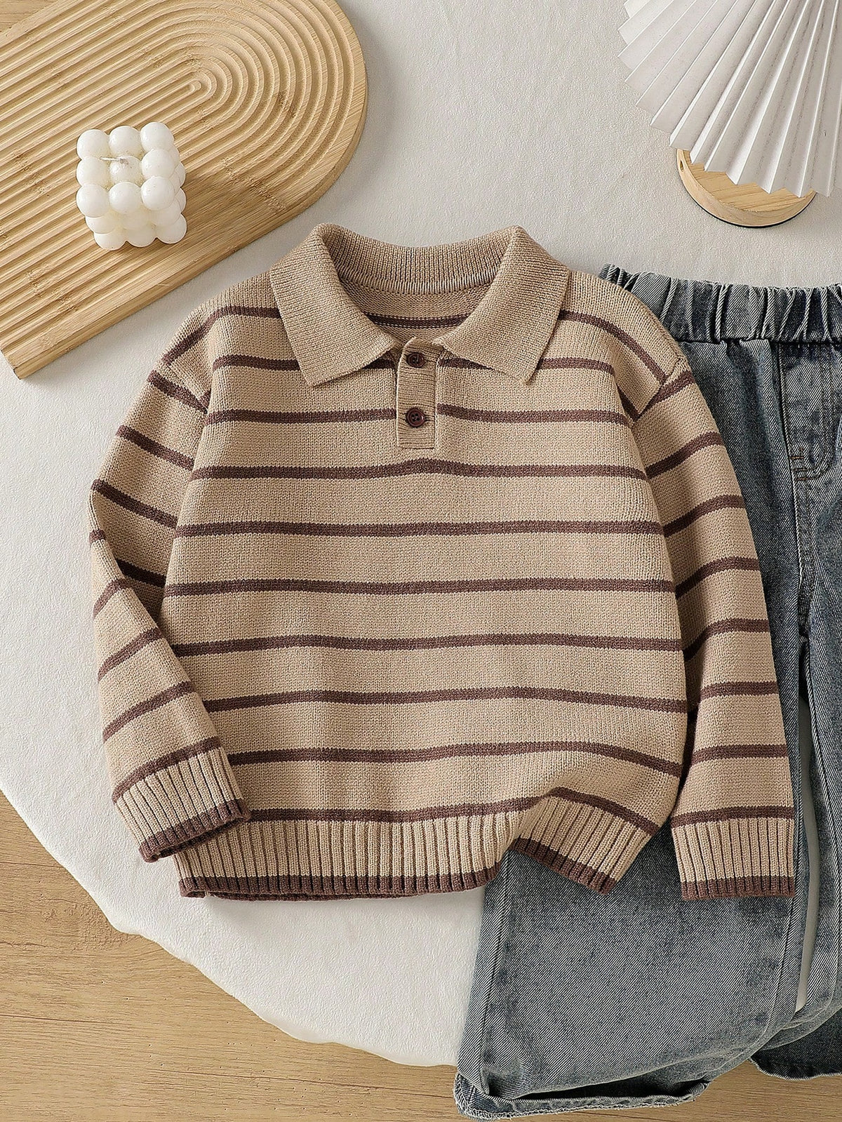 Playful Pals Young Boys Sweater With Turn-Down Collar Long Sleeve Striped Color Block Sweater Suitable For Spring Autumn Winter Autumn/Winter Seasons