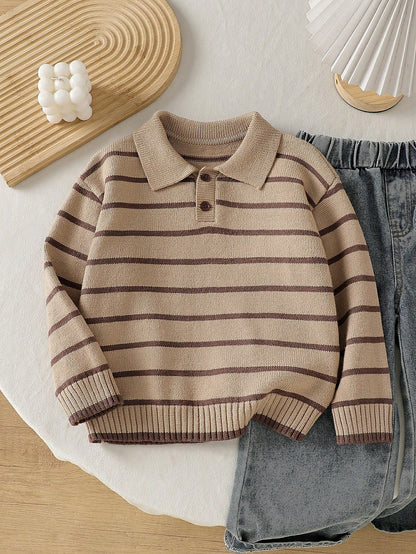 Playful Pals Young Boys Sweater With Turn-Down Collar Long Sleeve Striped Color Block Sweater Suitable For Spring Autumn Winter Autumn/Winter Seasons