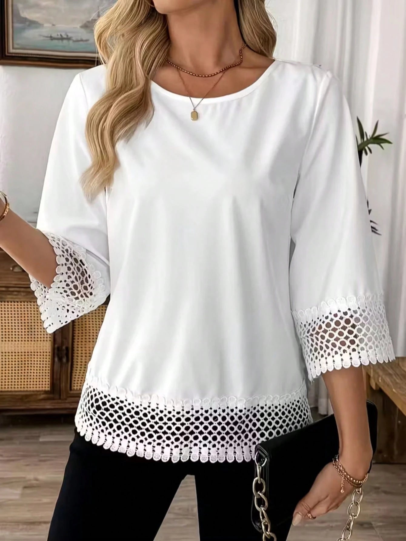 Plus Size Elegant White Women's Blouse With Crochet Lace Trim, Regular Length Spring