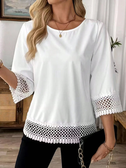 Plus Size Elegant White Women's Blouse With Crochet Lace Trim, Regular Length Spring