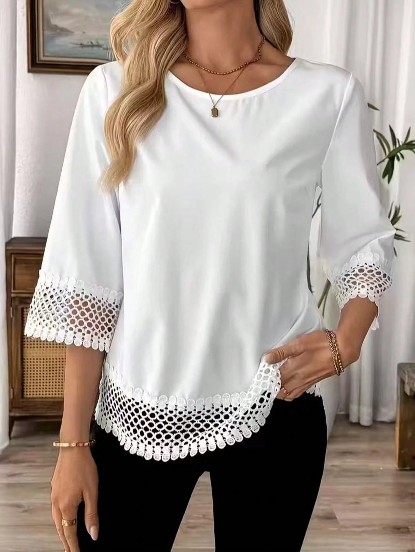 Plus Size Elegant White Women's Blouse With Crochet Lace Trim, Regular Length Spring