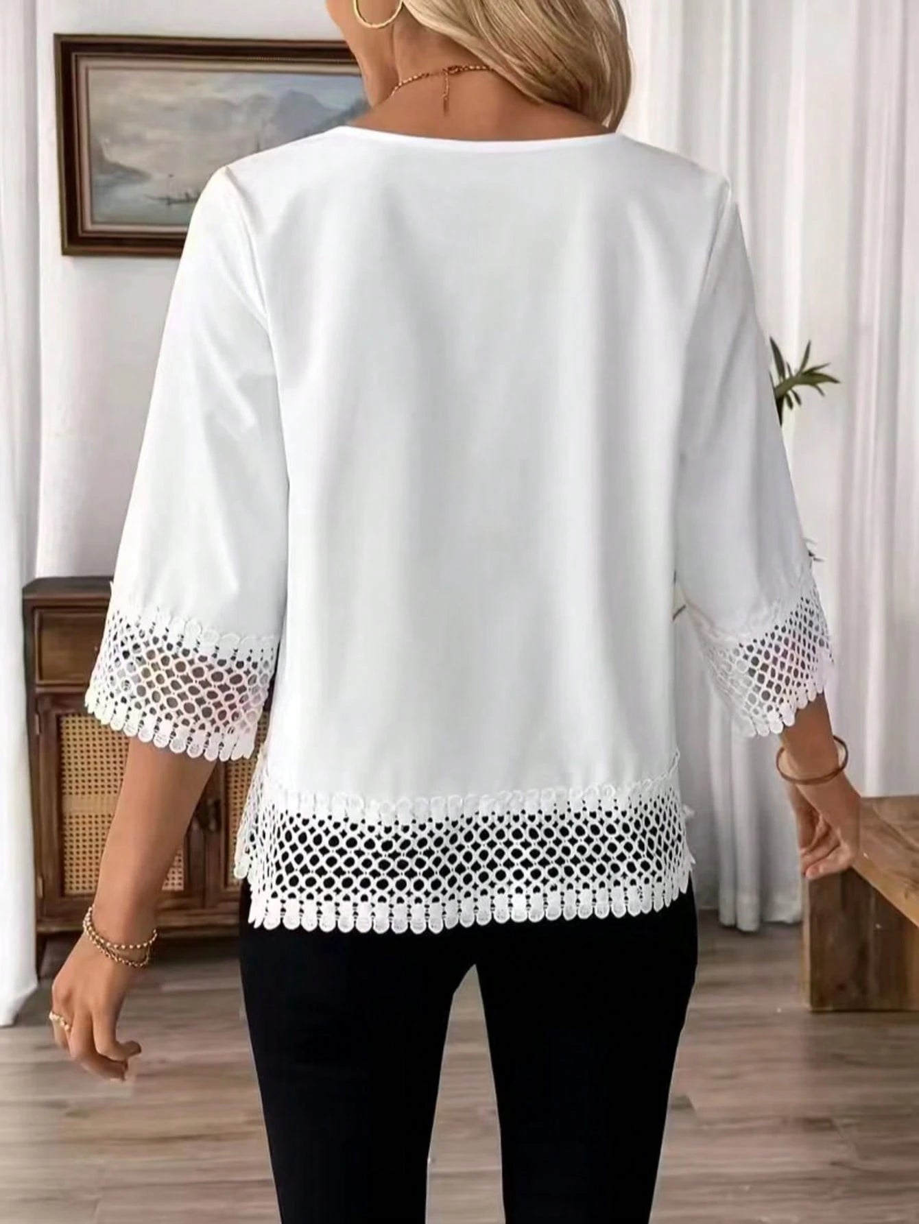 Plus Size Elegant White Women's Blouse With Crochet Lace Trim, Regular Length Spring