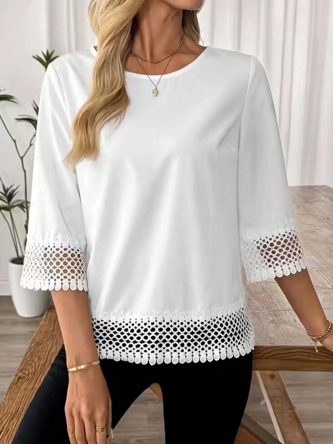 Plus Size Elegant White Women's Blouse With Crochet Lace Trim, Regular Length Spring