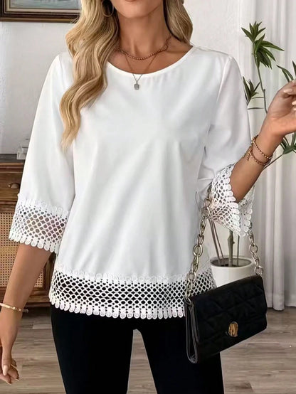 Plus Size Elegant White Women's Blouse With Crochet Lace Trim, Regular Length Spring