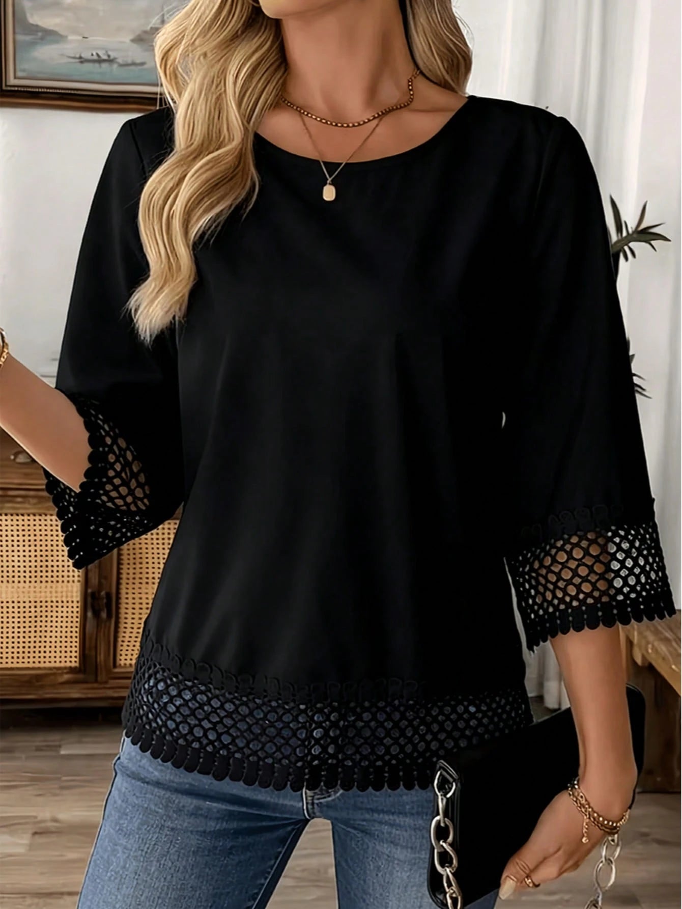 Plus Size Elegant White Women's Blouse With Crochet Lace Trim, Regular Length Spring