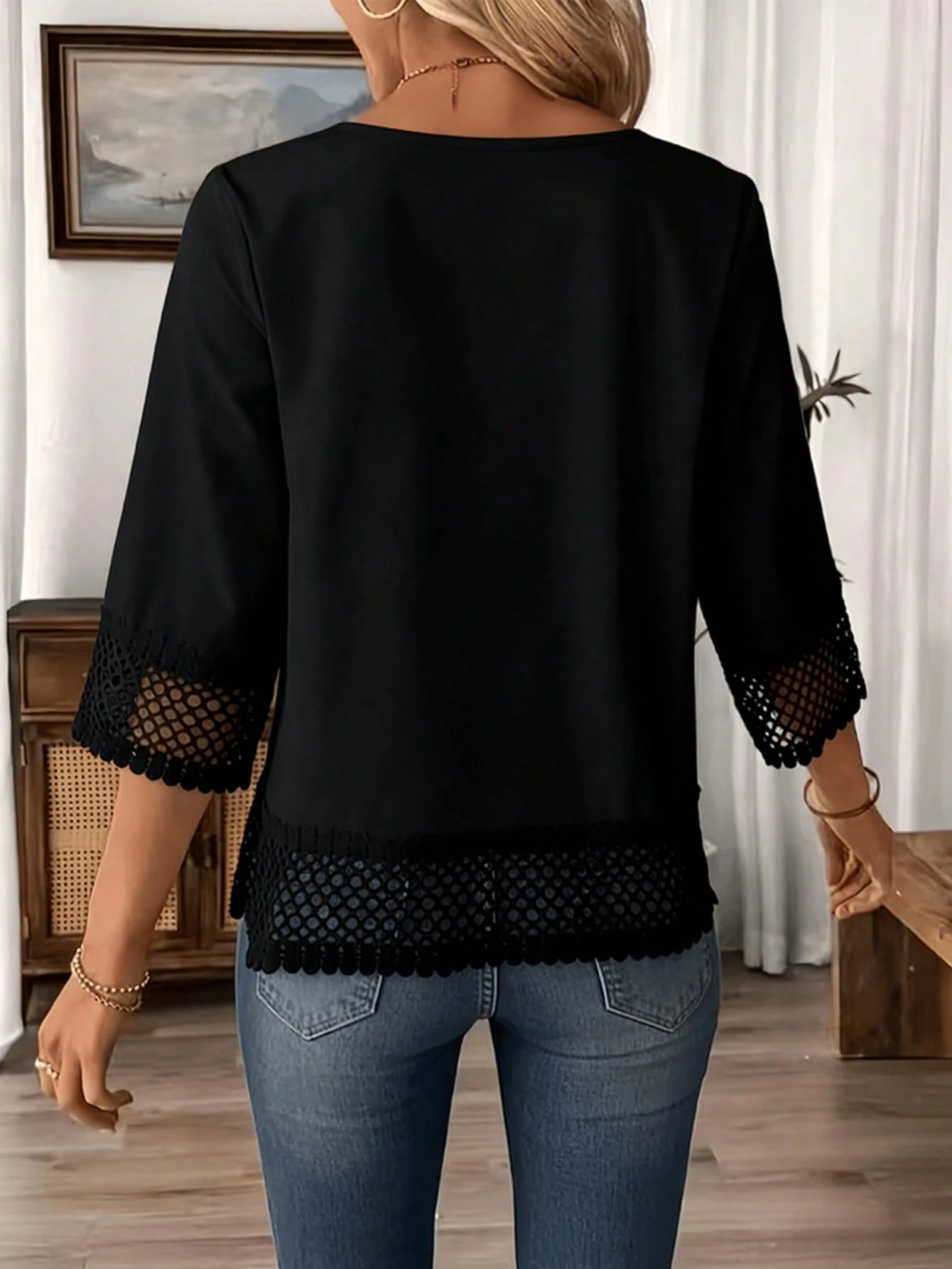 Plus Size Elegant White Women's Blouse With Crochet Lace Trim, Regular Length Spring
