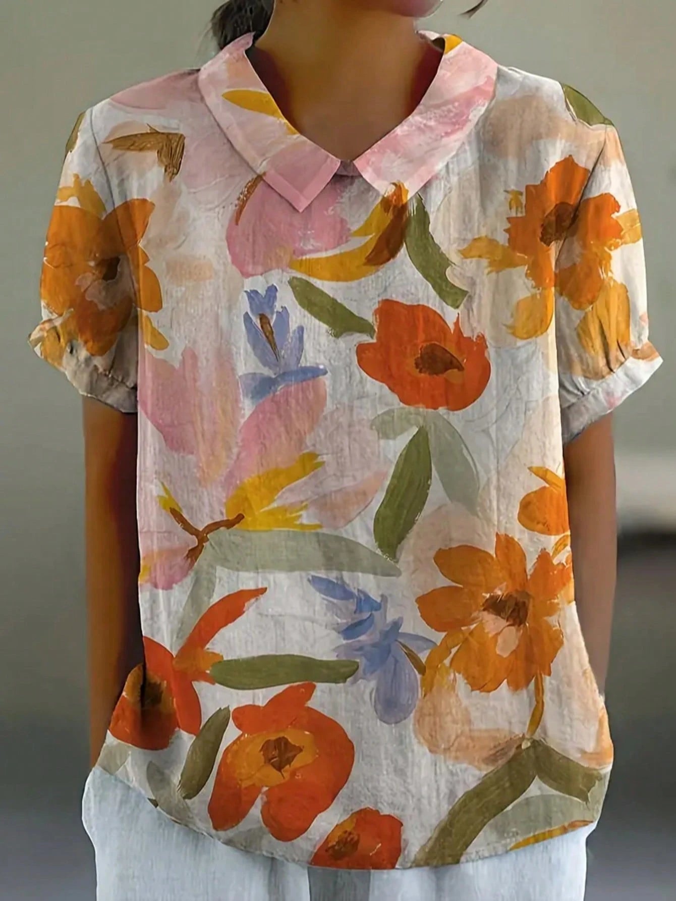 Plus Size Floral Woven Blouse, Regular Sleeve, Collar, Short Sleeve, Regular Length Shirt Summer