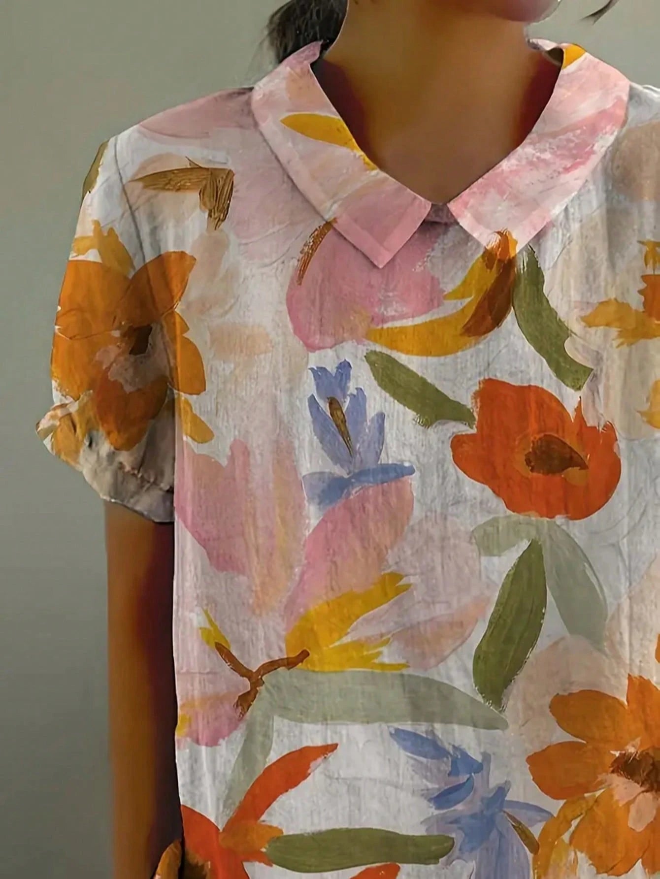 Plus Size Floral Woven Blouse, Regular Sleeve, Collar, Short Sleeve, Regular Length Shirt Summer
