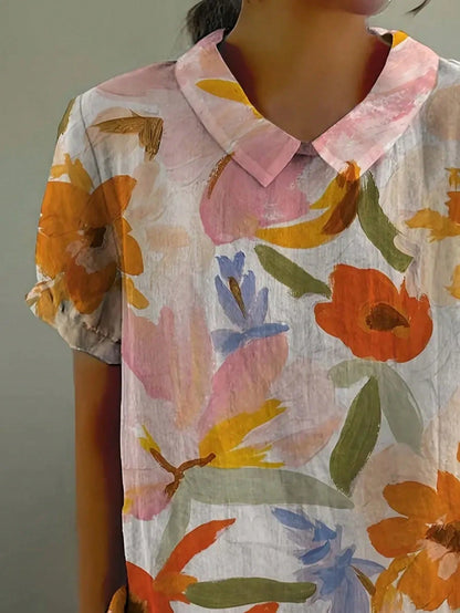 Plus Size Floral Woven Blouse, Regular Sleeve, Collar, Short Sleeve, Regular Length Shirt Summer