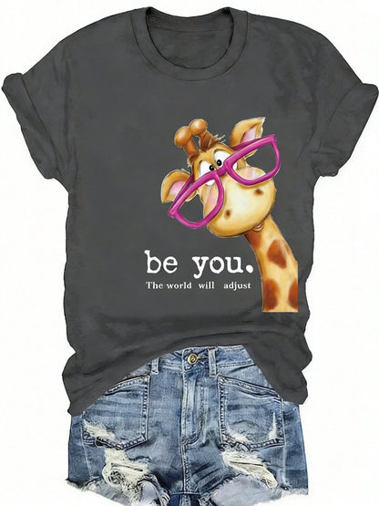 Plus-Size Giraffe Print Short-Sleeve Round-Neck-Shirt, Spring/Summer Casual Top, Women's Clothing UMOM
