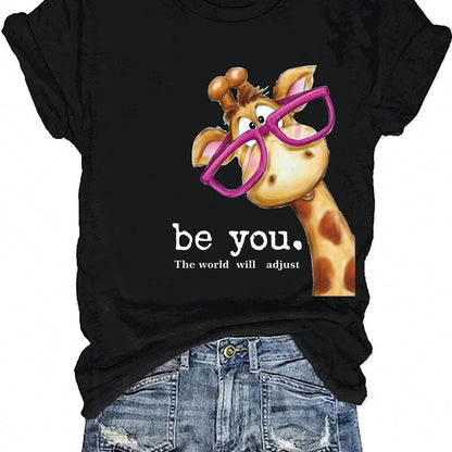 Plus-Size Giraffe Print Short-Sleeve Round-Neck-Shirt, Spring/Summer Casual Top, Women's Clothing UMOM