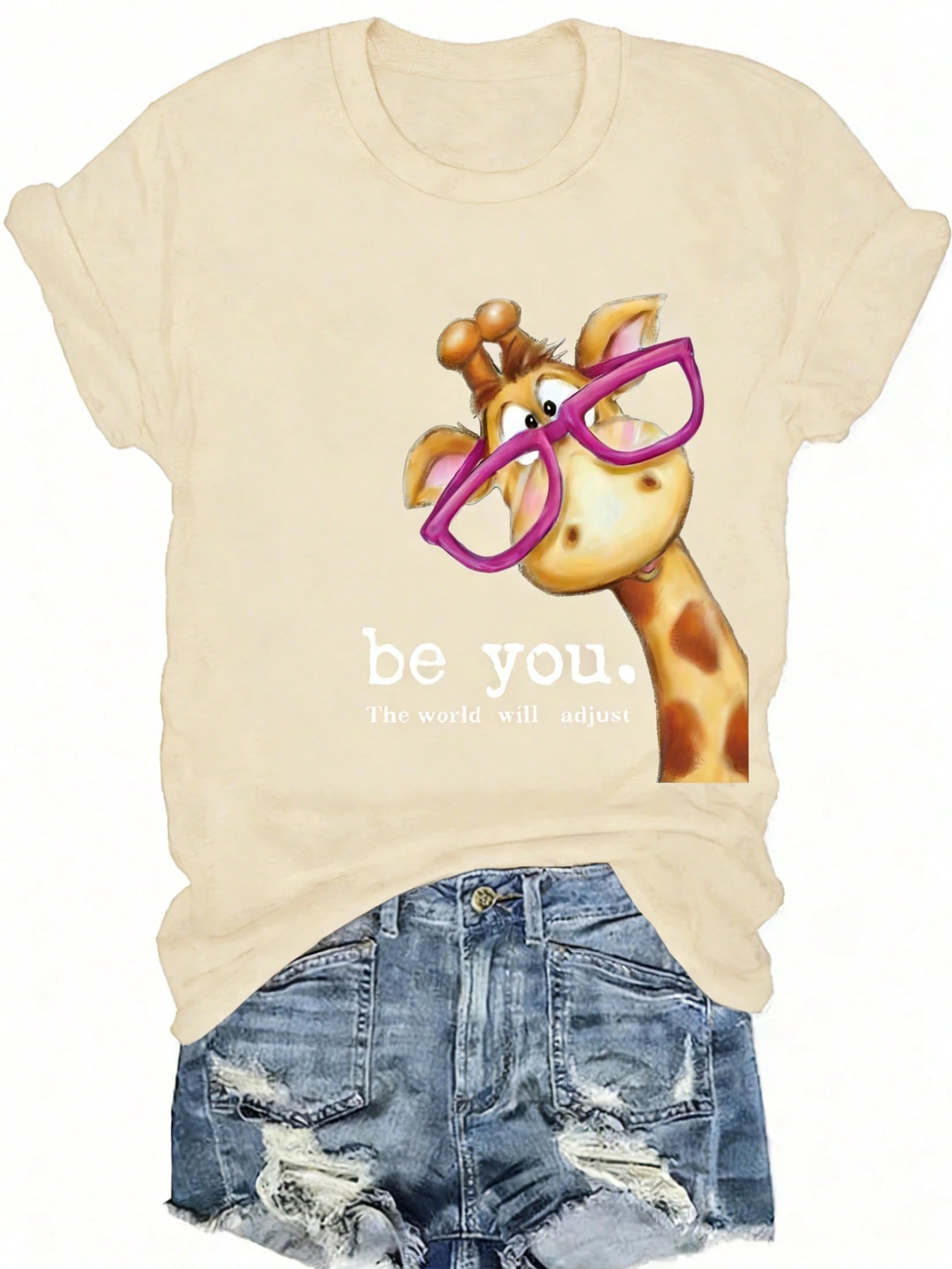 Plus-Size Giraffe Print Short-Sleeve Round-Neck-Shirt, Spring/Summer Casual Top, Women's Clothing UMOM