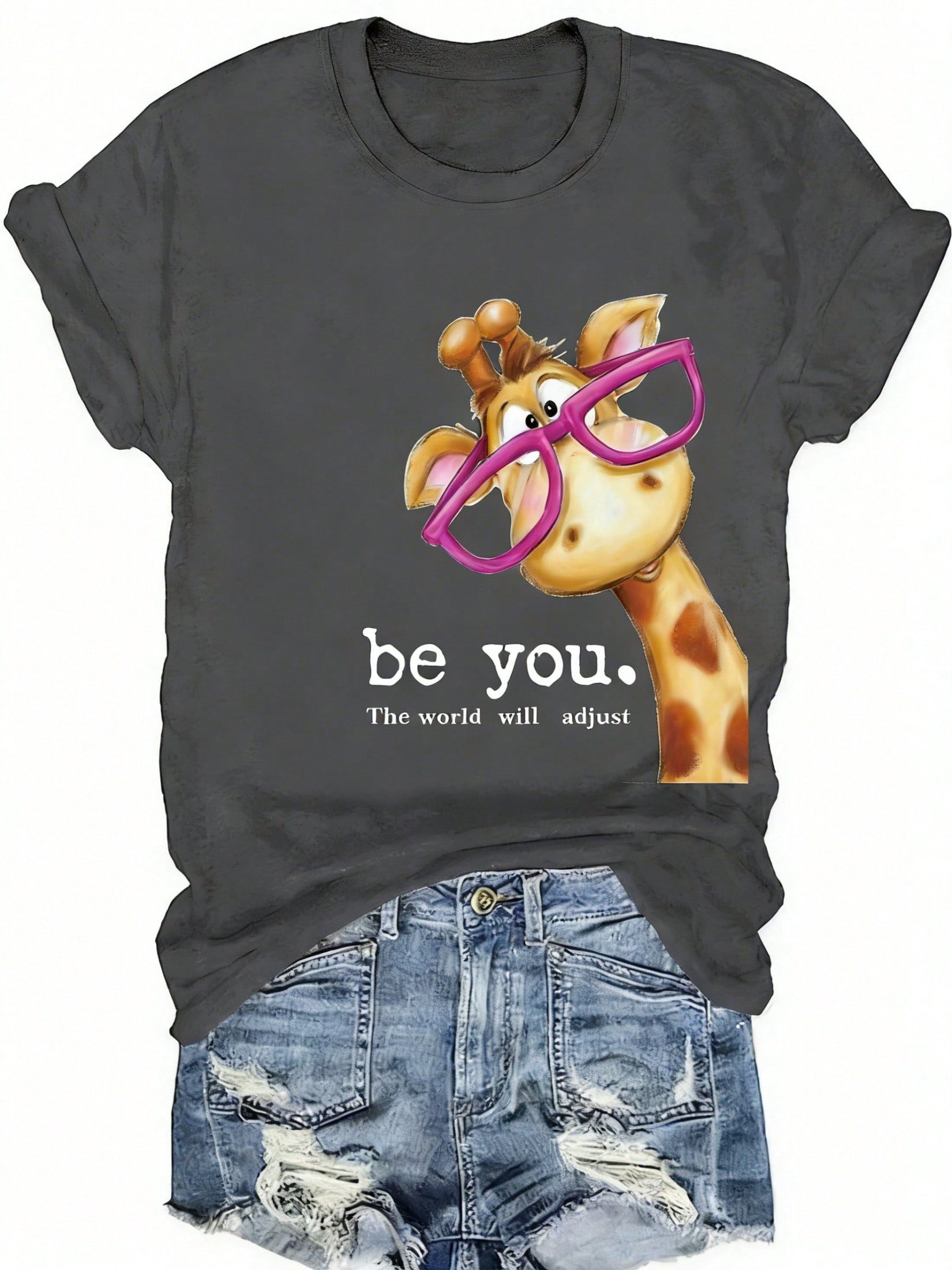 Plus-Size Giraffe Print Short-Sleeve Round-Neck-Shirt, Spring/Summer Casual Top, Women's Clothing UMOM