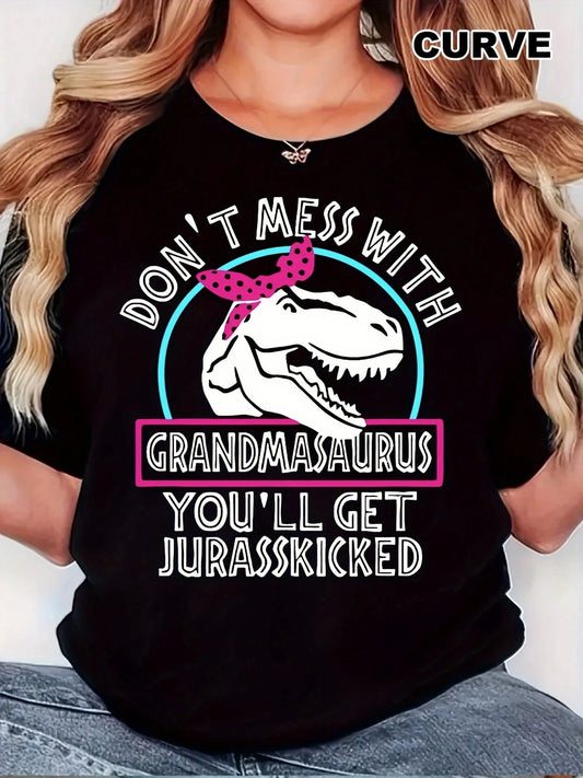 Plus Size Plus Women Pure Casual T Shirt Dont Mess With Grandma Funny Dinosaur Pattern T Shirt Casual Large Women Slim Crew Neck T Shirt Breathable Spring And Summer Perfect Letter Print Fashion Sprin