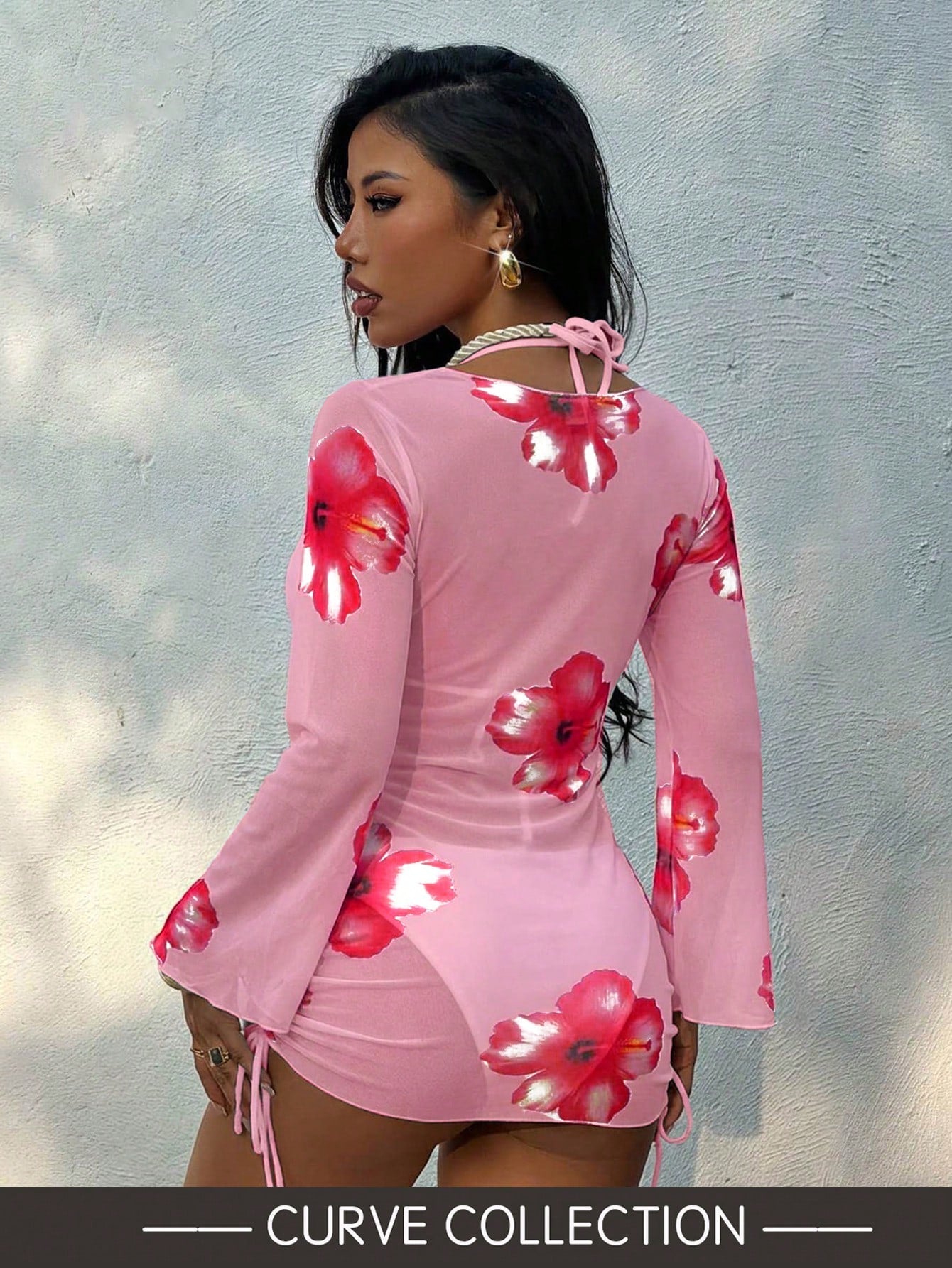 Plus Size Sexy 3 Pieces Set: Lace-Up Swim Top, Printed Beach Sarong & Pearl Decorated Swim Bottoms Vacation Summer Pink