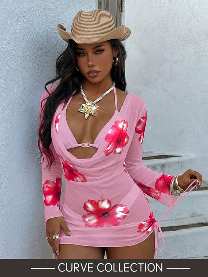 Plus Size Sexy 3 Pieces Set: Lace-Up Swim Top, Printed Beach Sarong & Pearl Decorated Swim Bottoms Vacation Summer Pink