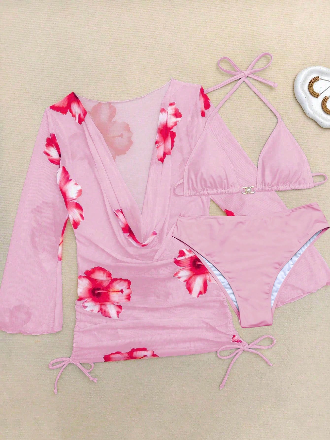 Plus Size Sexy 3 Pieces Set: Lace-Up Swim Top, Printed Beach Sarong & Pearl Decorated Swim Bottoms Vacation Summer Pink