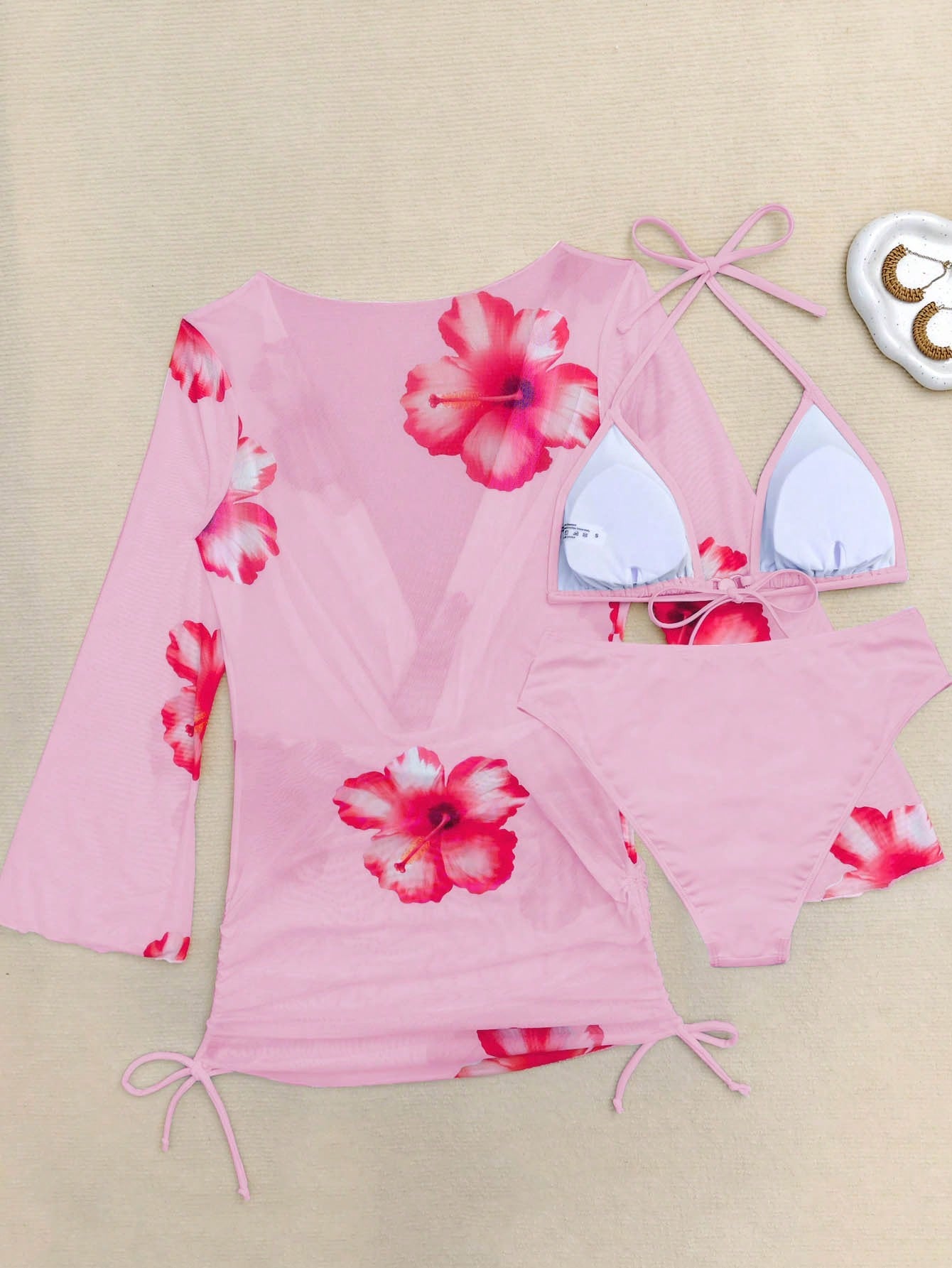 Plus Size Sexy 3 Pieces Set: Lace-Up Swim Top, Printed Beach Sarong & Pearl Decorated Swim Bottoms Vacation Summer Pink