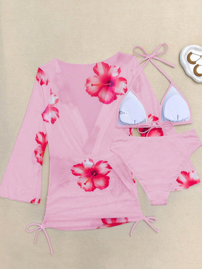 Plus Size Sexy 3 Pieces Set: Lace-Up Swim Top, Printed Beach Sarong & Pearl Decorated Swim Bottoms Vacation Summer Pink