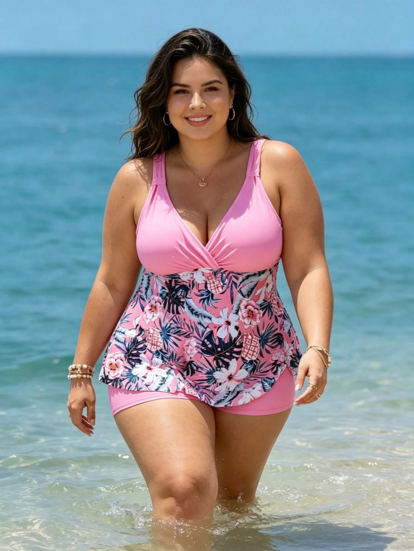 Plus Size Tank Vest Floral Print Tankini Swimsuit Plus Size Bikini Set With Bottom Pants