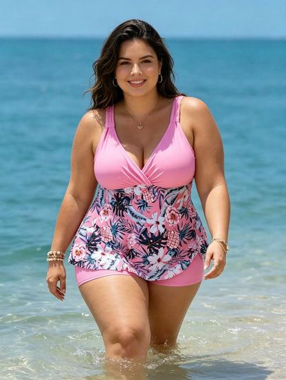 Plus Size Tank Vest Floral Print Tankini Swimsuit Plus Size Bikini Set With Bottom Pants