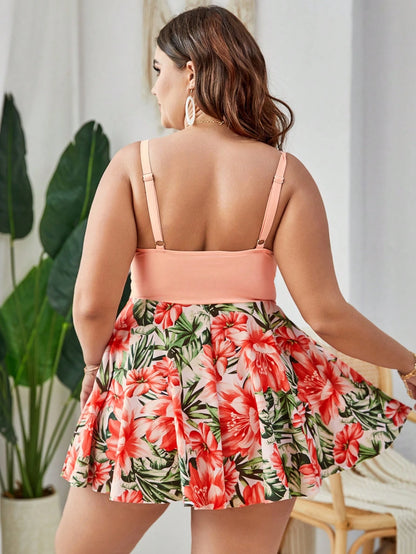 Plus Size Tropical Print Twist Front Gathered Swimsuit, Summer