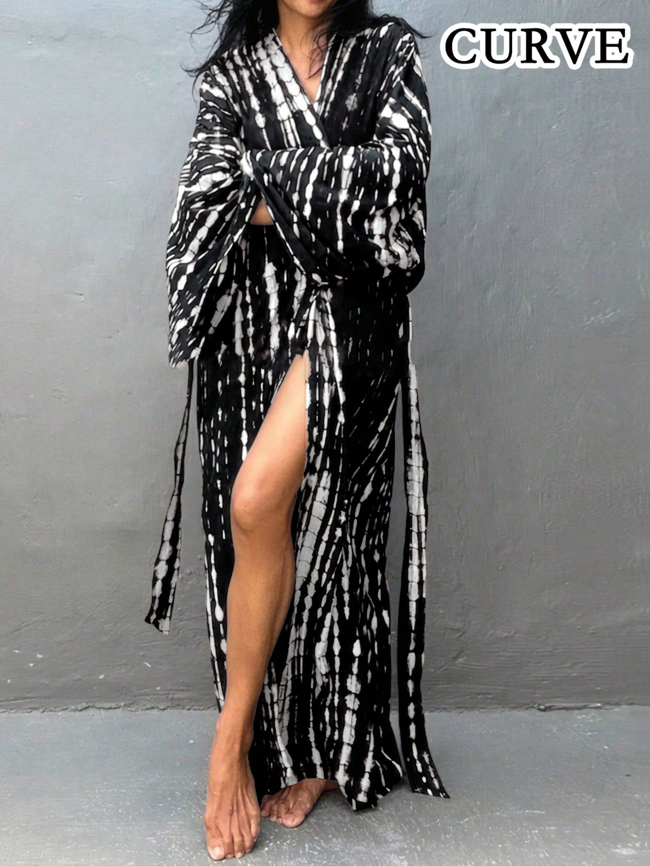 Plus Size Women Bohemian Print Beach Cover-Up With Belt Vacation Summer