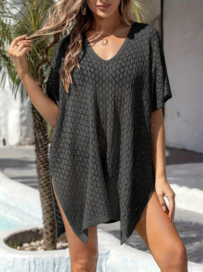 Plus Size Women Hollow Out Casual Sexy Semi-Sheer Beach Swimsuit Cover Up Vacation Black Summer