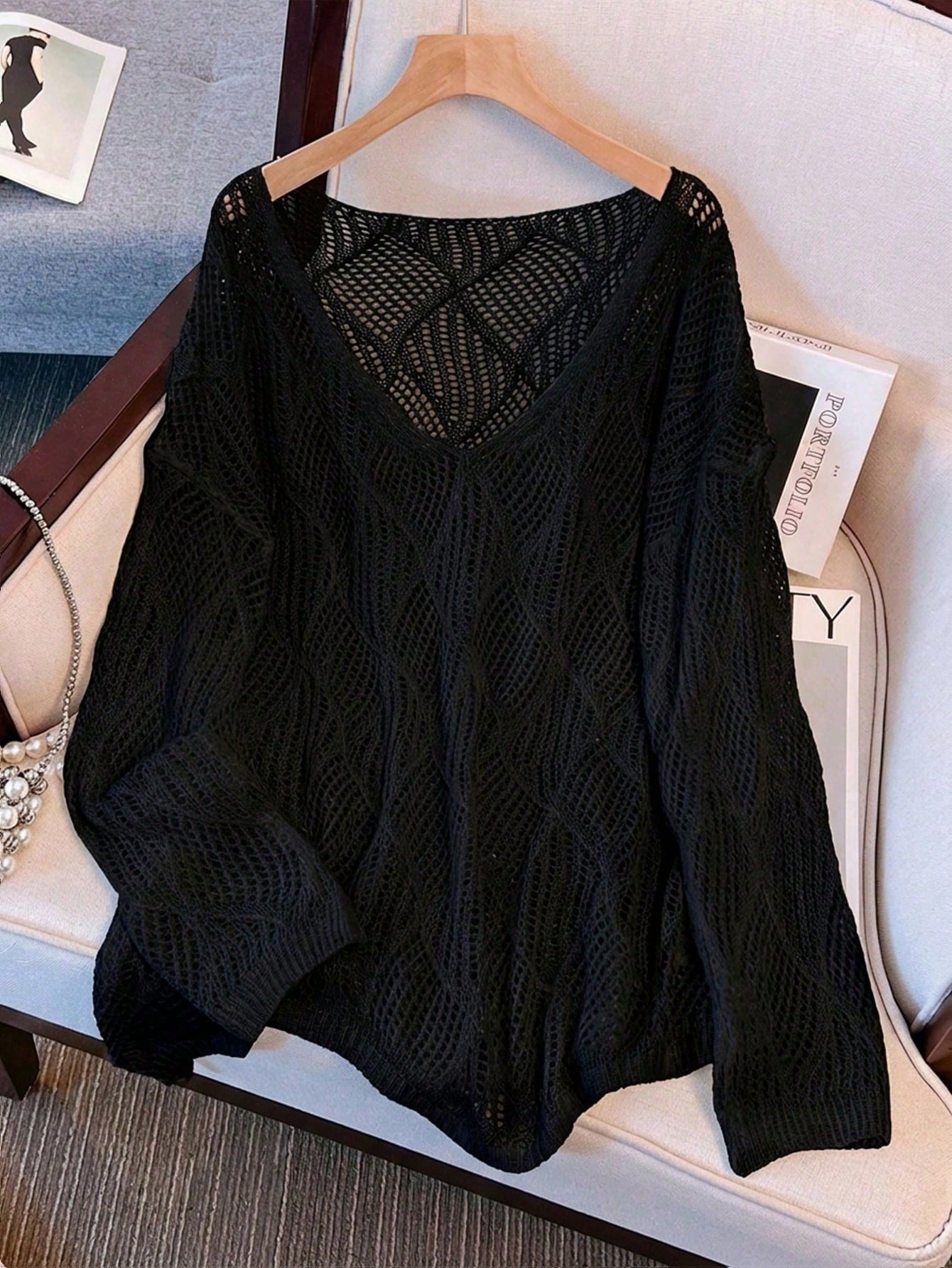 Plus Size Women Loose Knit Cover Up, V-Neck Hollow Rhombus Design, Lightweight Breathable Cover Up For Beach & Holiday Vacation Black Summer
